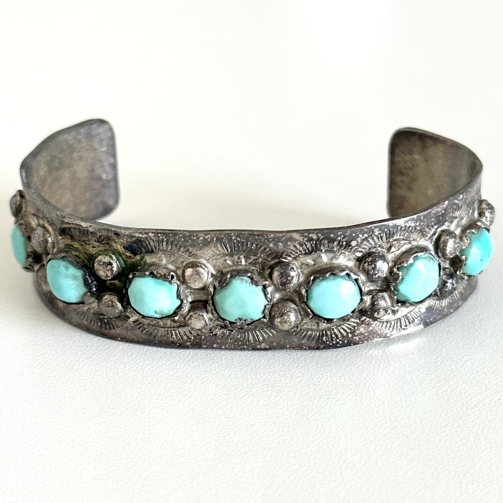 Vintage 925 Sterling Silver Turquoise Native American Etched Cuff Bracelet 6.5"